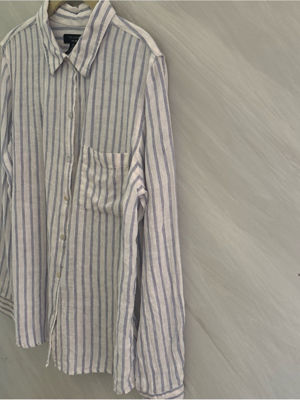 Tahari L Light Blue/White Striped 100% Linen L/S Button Up Shirt Coastal Beachy - Picture 9 of 12